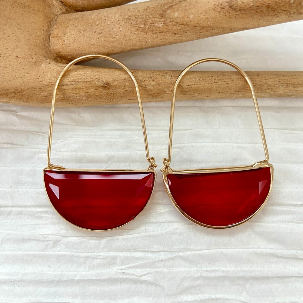Cherry Red Crescent Crystal Gold Tone Dangle‎ Drop Earrings